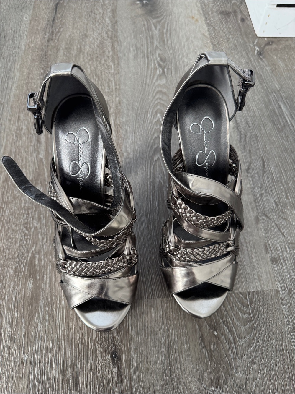 Jessica Simpson Gunmetal Braided Strappy Heels